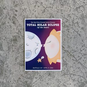 Solar eclipse wall art print featuring the sun and the moon kissing. The print is Dark blue and purple with a gray moon and yellow sun, plus a cute star with a word bubble that reads "awwe" The Real Star-Crossed Lovers Present TOTAL SOLAR ECLIPSE (of the heart), Buffalo NY April 8, 2024.